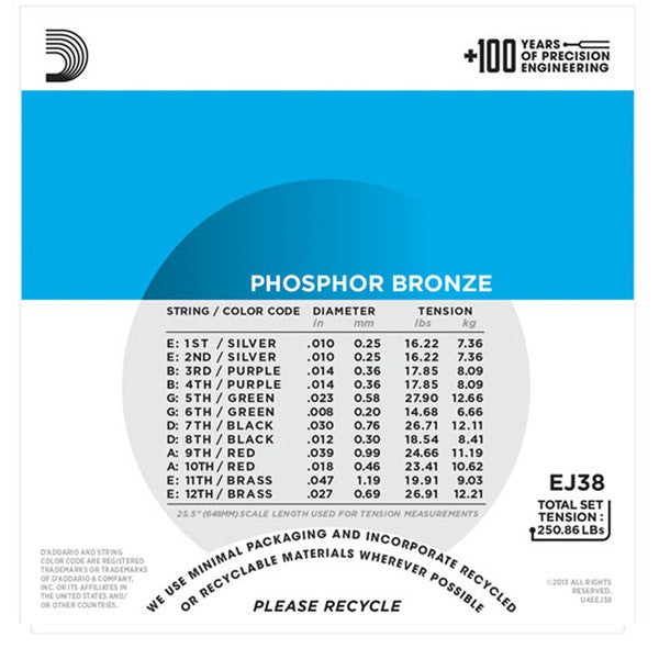 D'addarío Phosphor Bronze Acoustic Guitar Strings (10-47) (12 String Set)