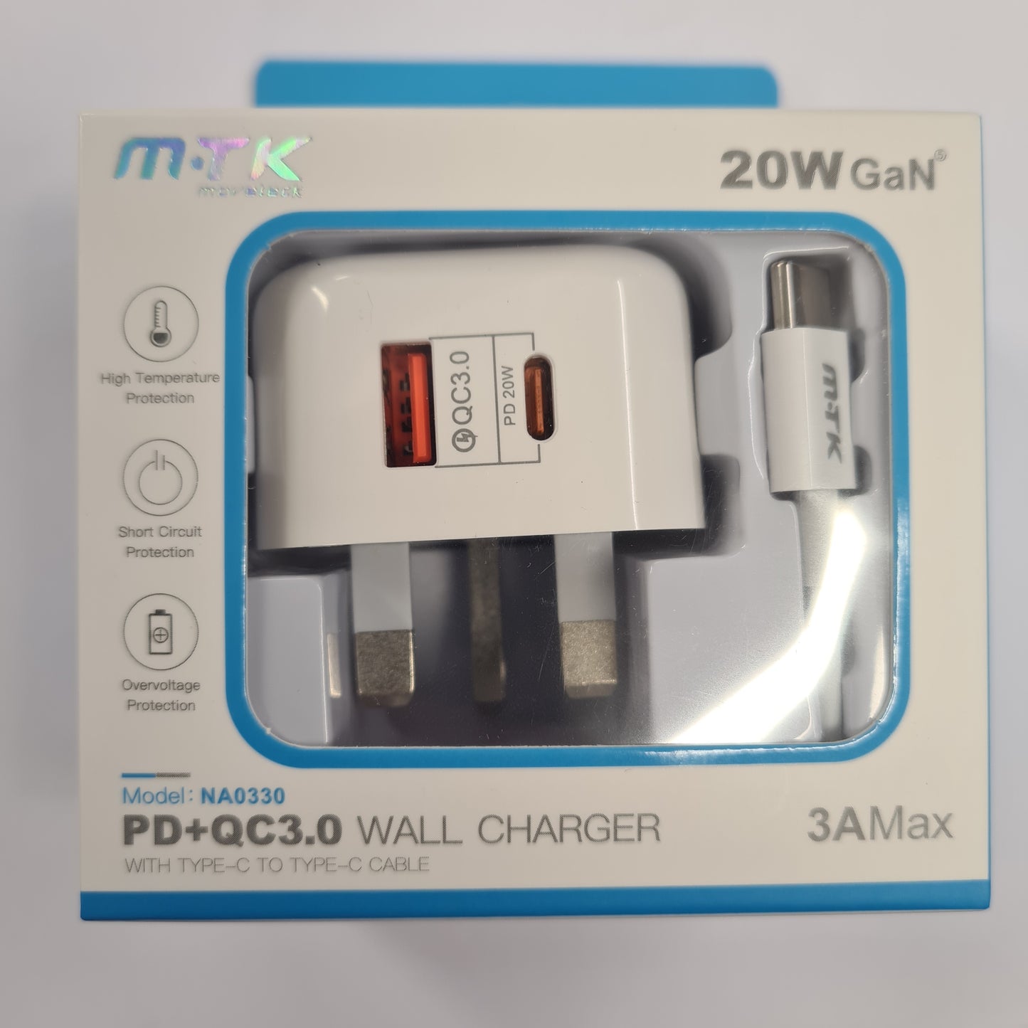 MKT 3A USB-A & USB-C Mains QC Charger Plug with Cable (20W)