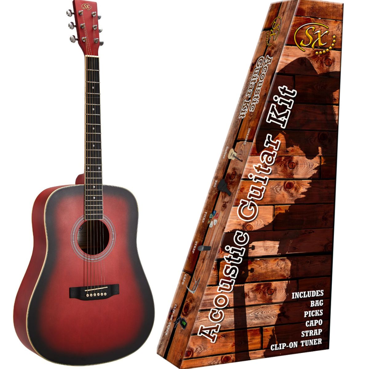 SX Acoustic Dreadnought Guitar Kit - Redburst (SD104RD)