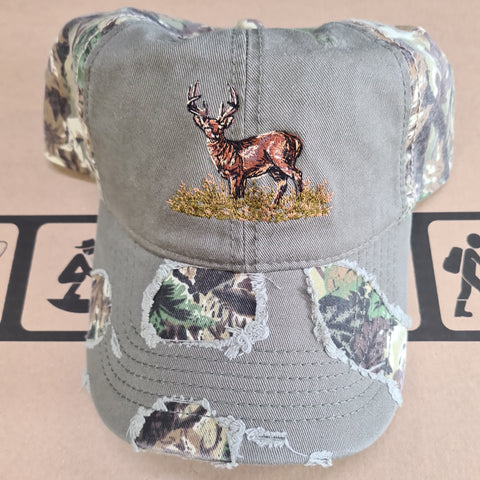 Beechfield Green Distressed Realtree Cap w/ Embroidered Deer Pattern