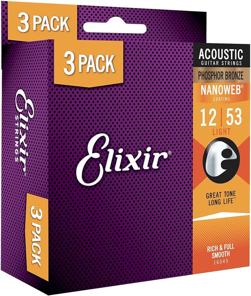 Elixir Nanoweb Phosphor Bronze 80/20 Acoustic Guitar Strings, Three Set Value Packs