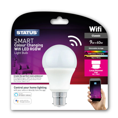 STATUS Smart Colour Changing Wifi LED Bulb - Bayonet Cap / BC