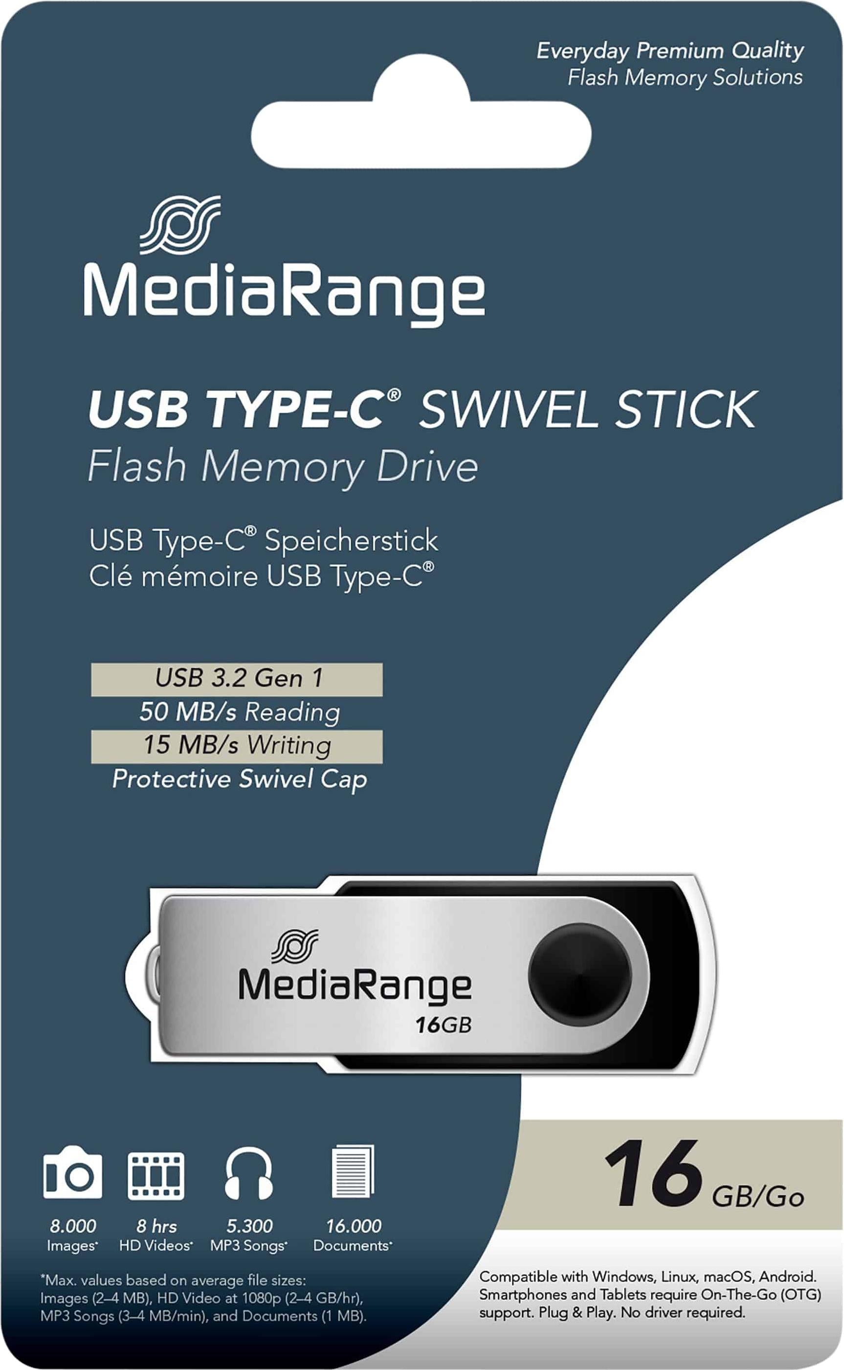 MediaRange USB 3.2 Gen 1 Type-C® Flash Memory Drive, Swivel Housing, Black/Silver