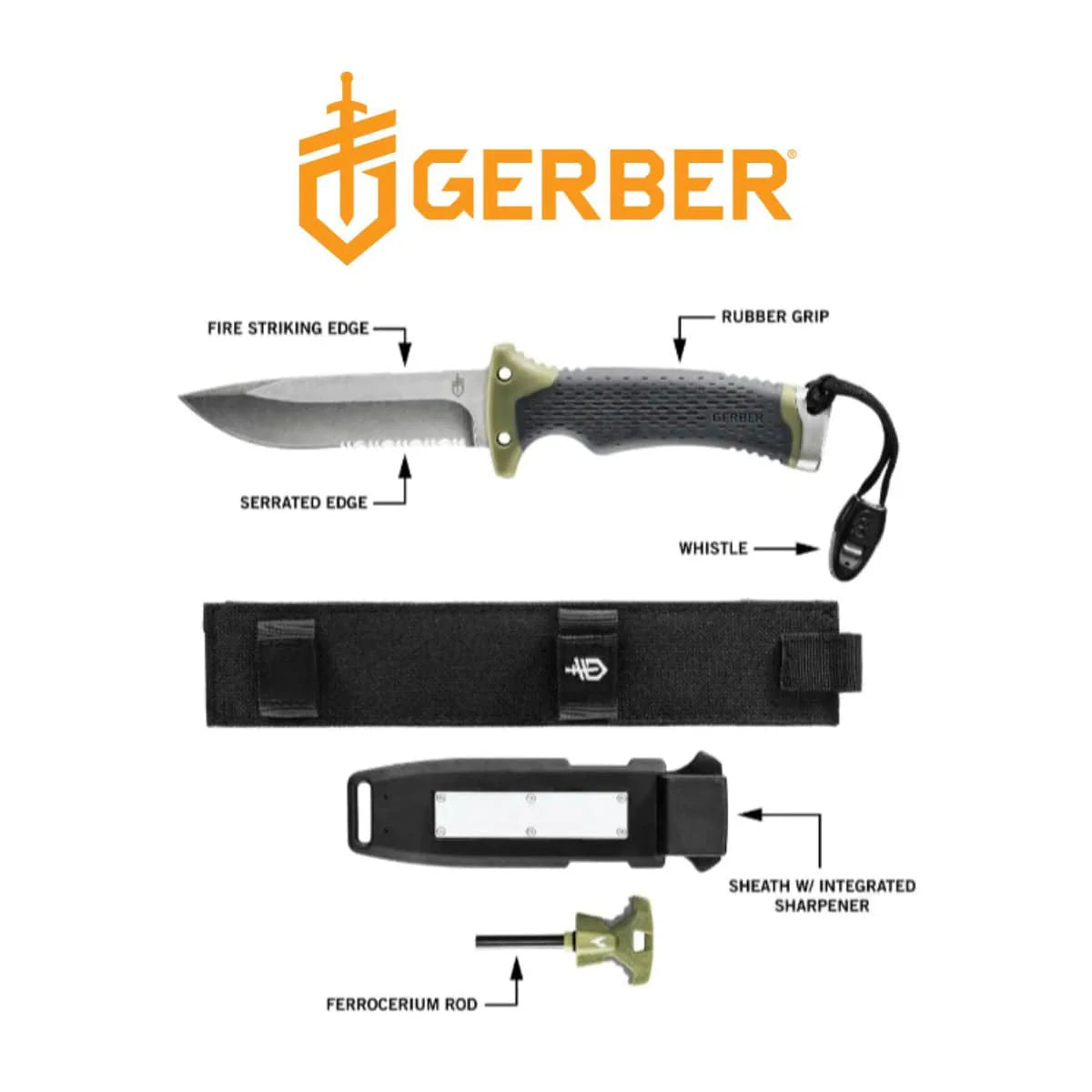 Gerber Ultimate Survival Knife SE (DP Fixed Blade) w/ Firestarter, Sheath & Sharpener - Flat Sage Green