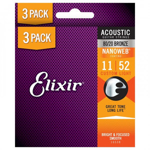 Elixir Nanoweb Bronze 80/20 Acoustic Guitar Strings, Three Set Value Packs