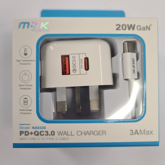 MKT 3A USB-A & USB-C Mains QC Charger Plug with Cable (20W)