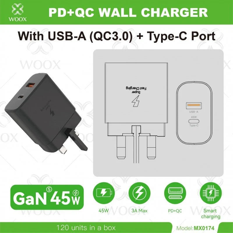 Woox Super Fast GaN Charger - 45W USB Type-A & Type-C Charger