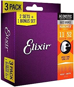 Elixir Bronze Acoustic Guitar Strings Nanoweb 3 Pack (2 Sets + 1 Bonus Set)
