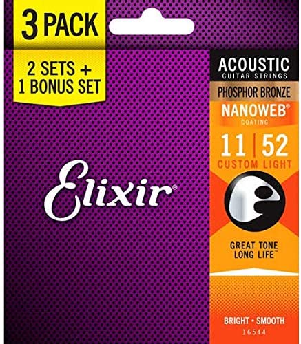 Elixir Phosphor Bronze Acoustic Guitar Strings Nanoweb 3 Pack (2 Sets + 1 Bonus Set)