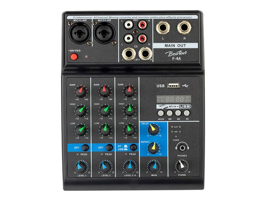 Boston 4 Channel Mixer w/ Built In Effects Processor (2 Mono & 2 Stereo Inputs)